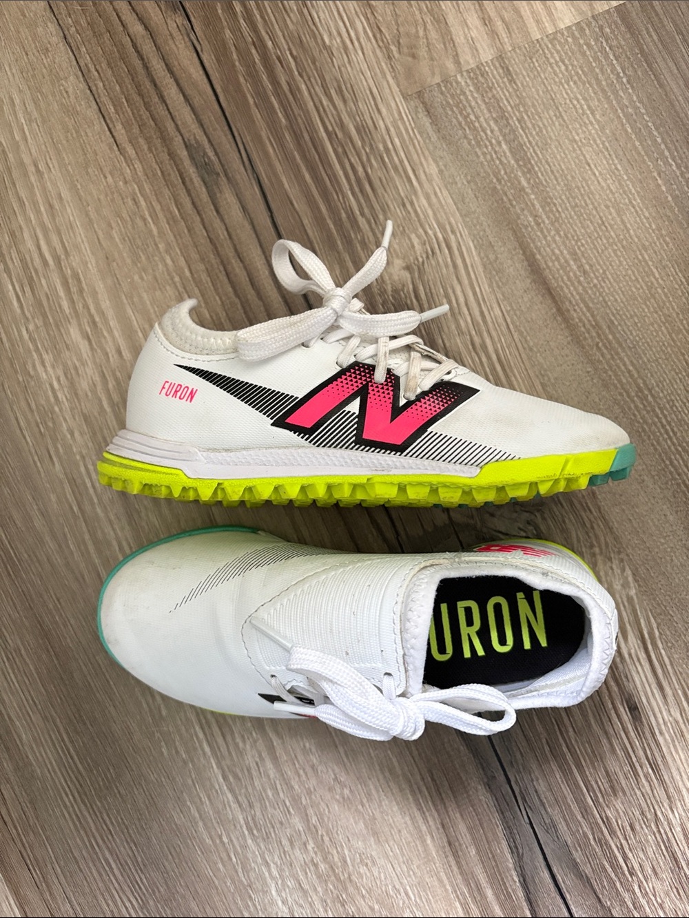 New Balance Kids White (indoor) soccer shoes with Neon Yellow Sole & Pink Logo